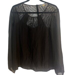 Leifsdottir Silk Blouse Anthropologie Sz 8 Top Womens Long Sleeve Black Lace